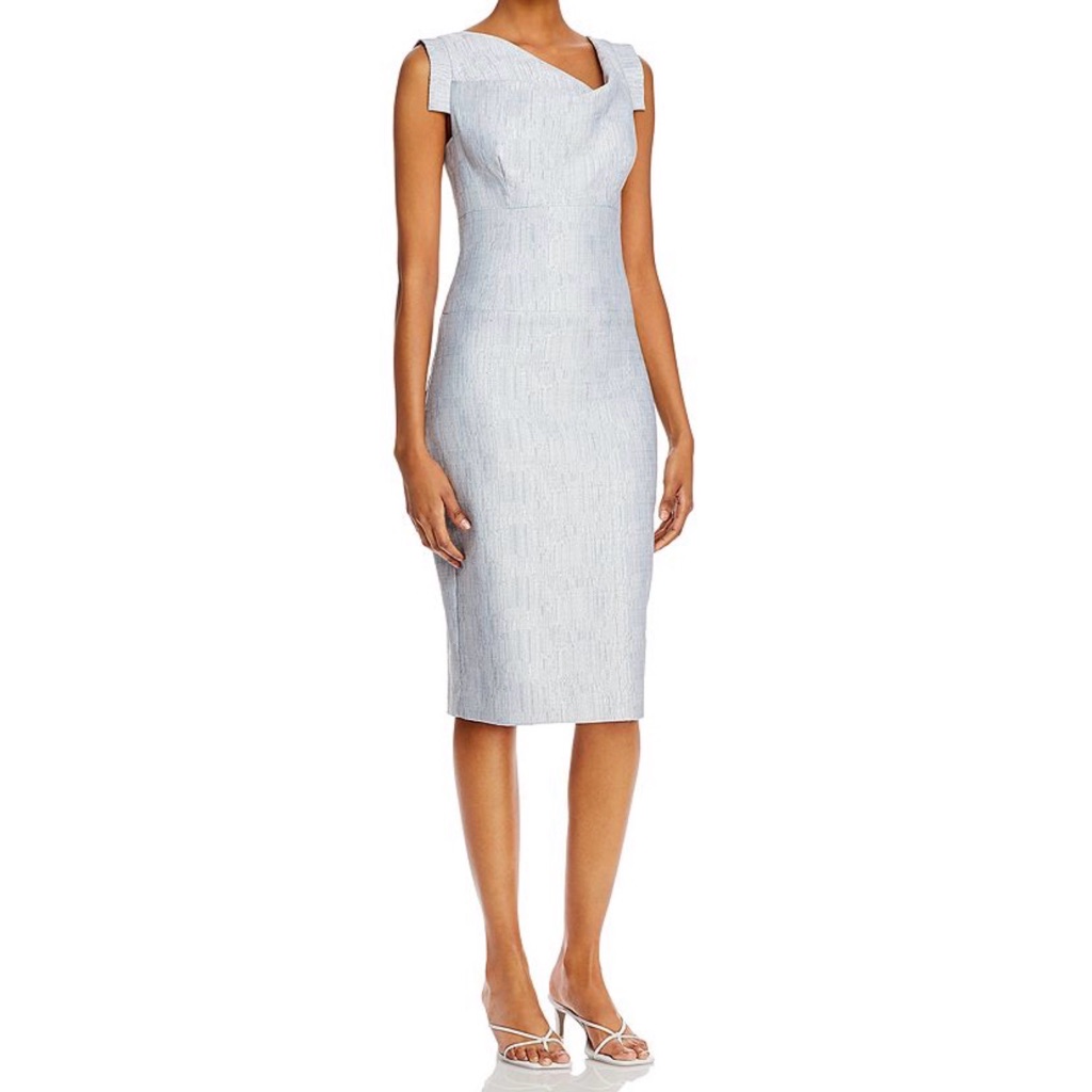 Black Halo Jackie O Asymmetric Neck Light Blue Metallic Textured Sheath Dress
